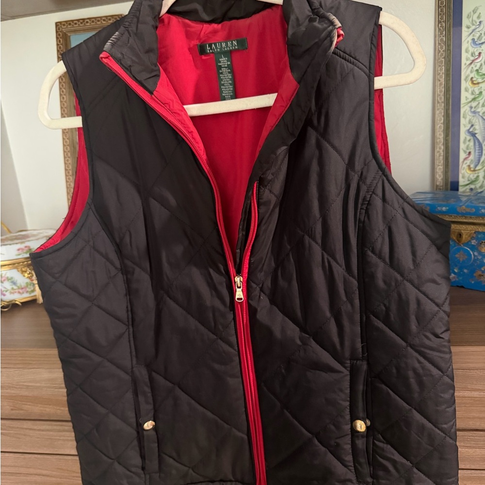 Lauren Ralph Lauren Black Quilted Vest with Red Interior Trim